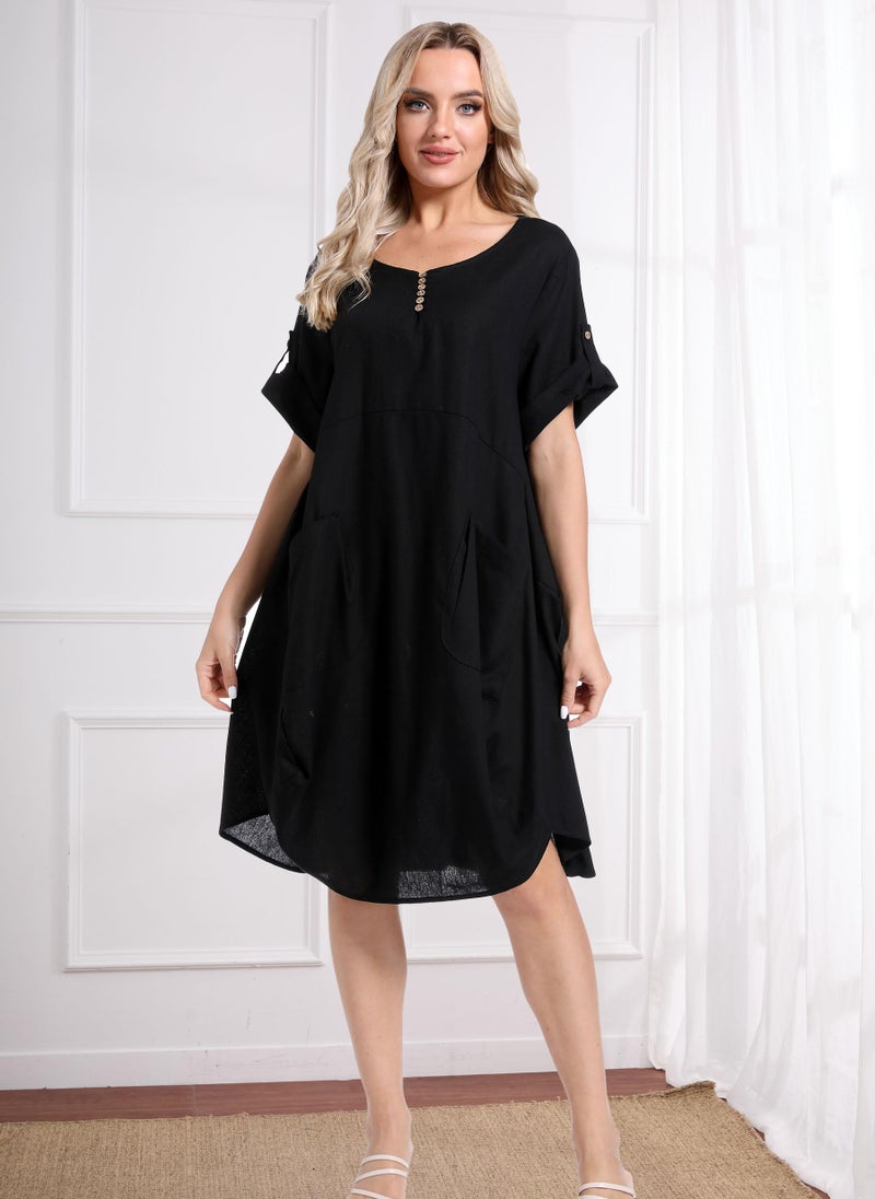 Minibee Women's Ruffle Oversize Casual Midi Dresses with Pockets (L, Black) - Image 3